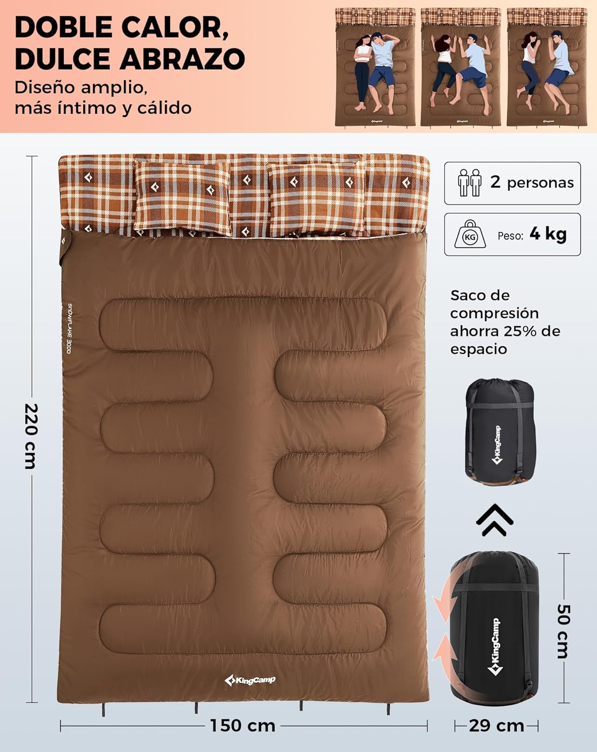 Saco de dormir doble Queen + almohadas | Comodidad y calor para dos bajo las estrellas
