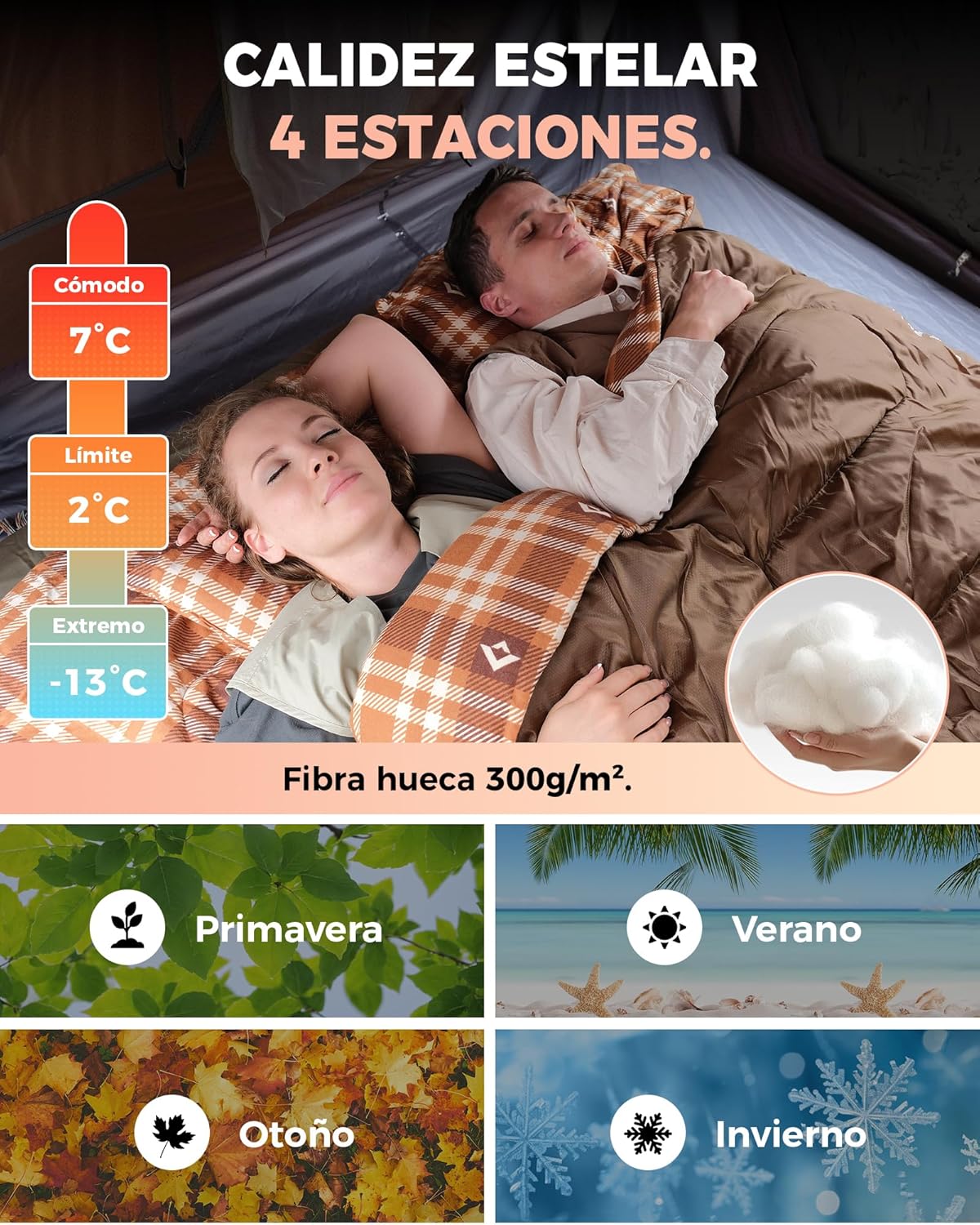 Saco de dormir doble Queen + almohadas | Comodidad y calor para dos bajo las estrellas