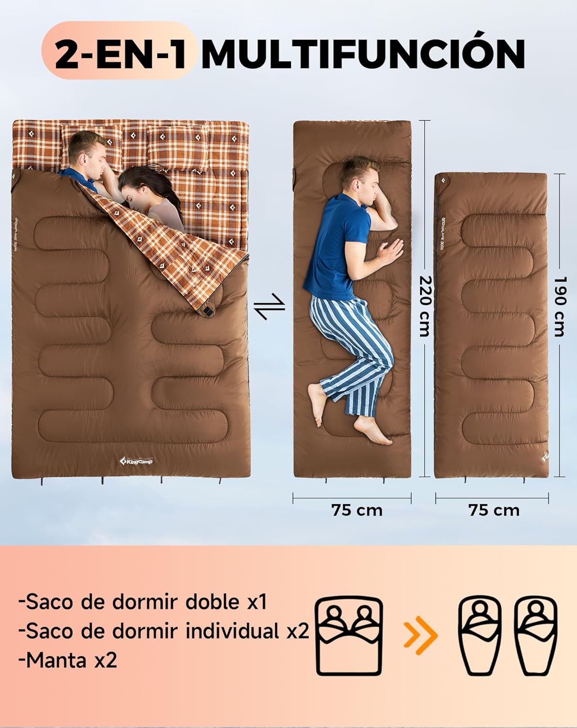 Saco de dormir doble Queen + almohadas | Comodidad y calor para dos bajo las estrellas