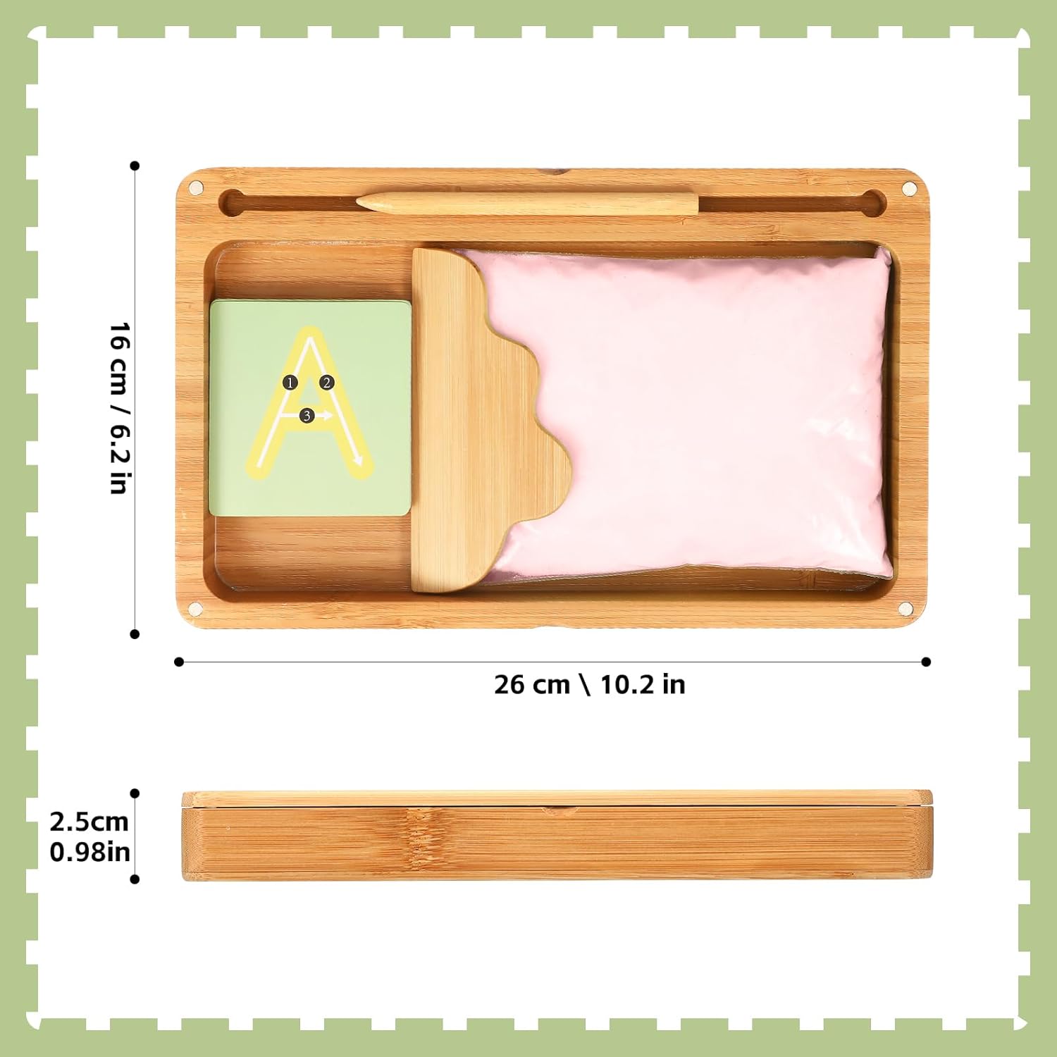 Bandeja Montessori de arena con tarjetas – escritura sensorial y aprendizaje natural.