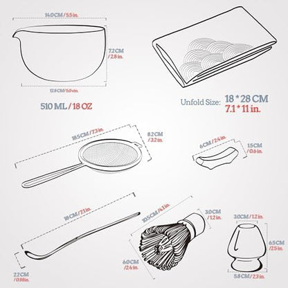 Set japonés de ceremonia de té matcha – kit completo con cuenco, batidor de bambú y accesorios rituales.