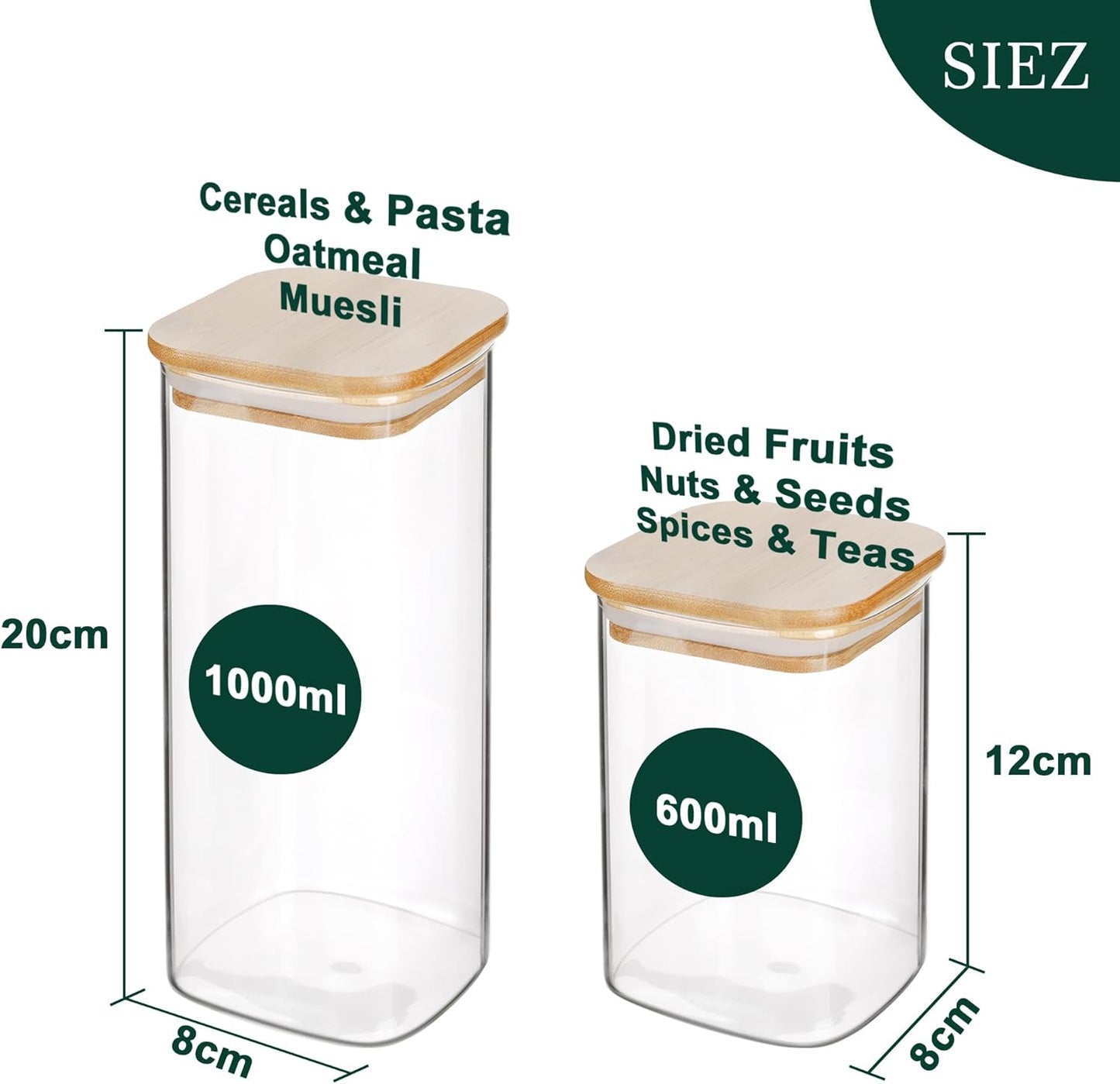 Set de Tarros de Cristal con Tapa de Bambú | 12 Unidades | 1000 ml y 600 ml | Almacenaje Natural y Ecológico