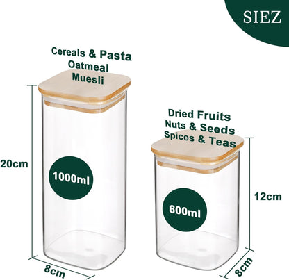 Set de Tarros de Cristal con Tapa de Bambú | 12 Unidades | 1000 ml y 600 ml | Almacenaje Natural y Ecológico