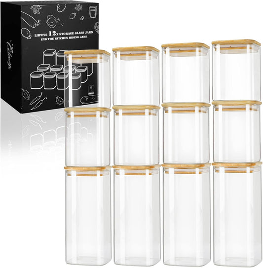 Set de Tarros de Cristal con Tapa de Bambú | 12 Unidades | 1000 ml y 600 ml | Almacenaje Natural y Ecológico
