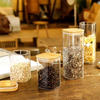 Set de Tarros de Cristal con Tapa de Bambú | 12 Unidades | 1000 ml y 600 ml | Almacenaje Natural y Ecológico