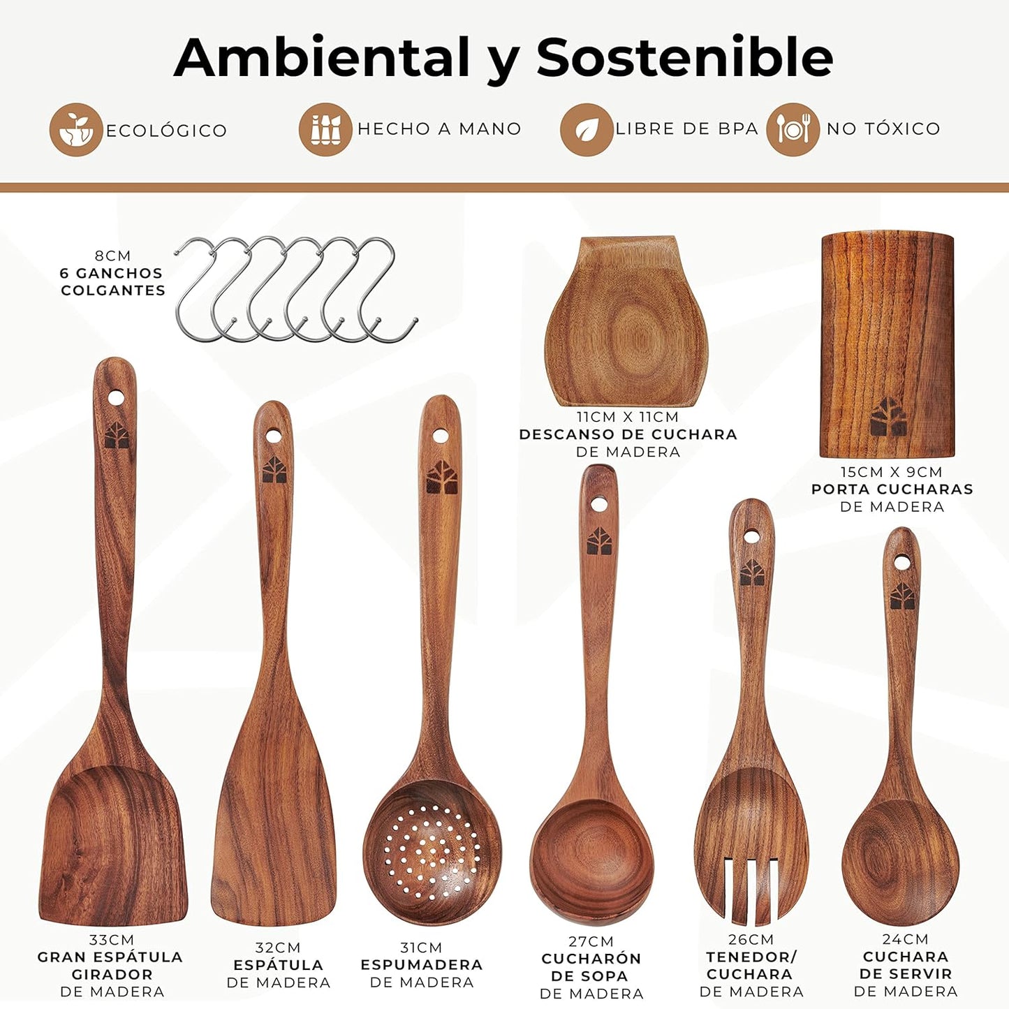 Utensilios de cocina de madera 8 piezas | Con soporte, reposa cucharas y ganchos