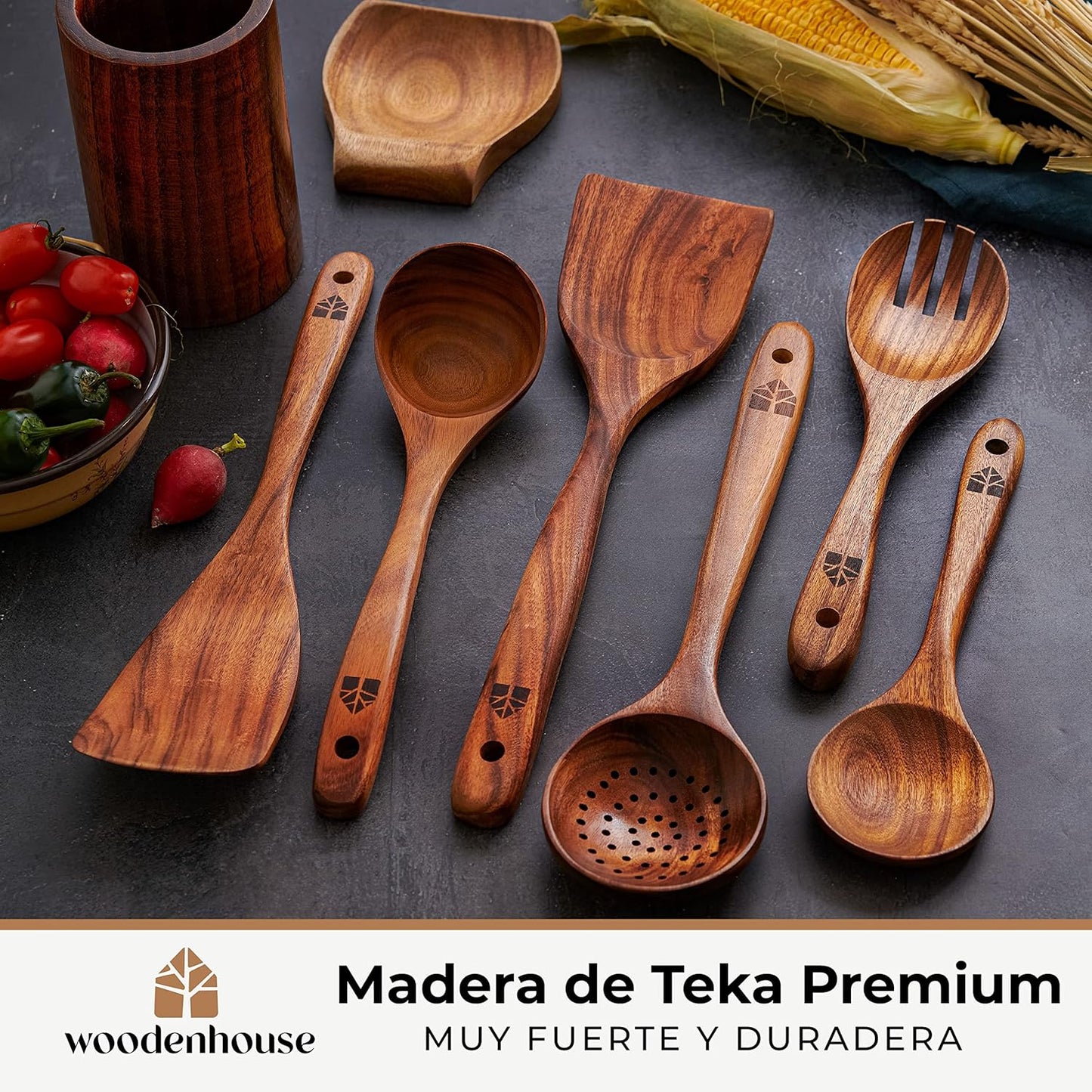 Utensilios de cocina de madera 8 piezas | Con soporte, reposa cucharas y ganchos