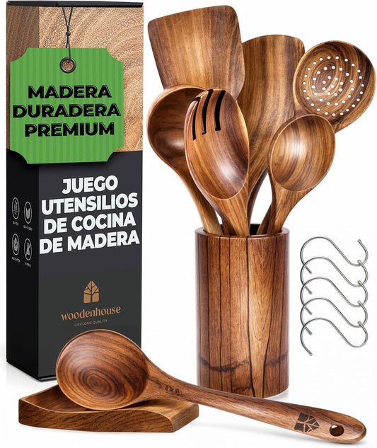 Utensilios de cocina de madera 8 piezas | Con soporte, reposa cucharas y ganchos