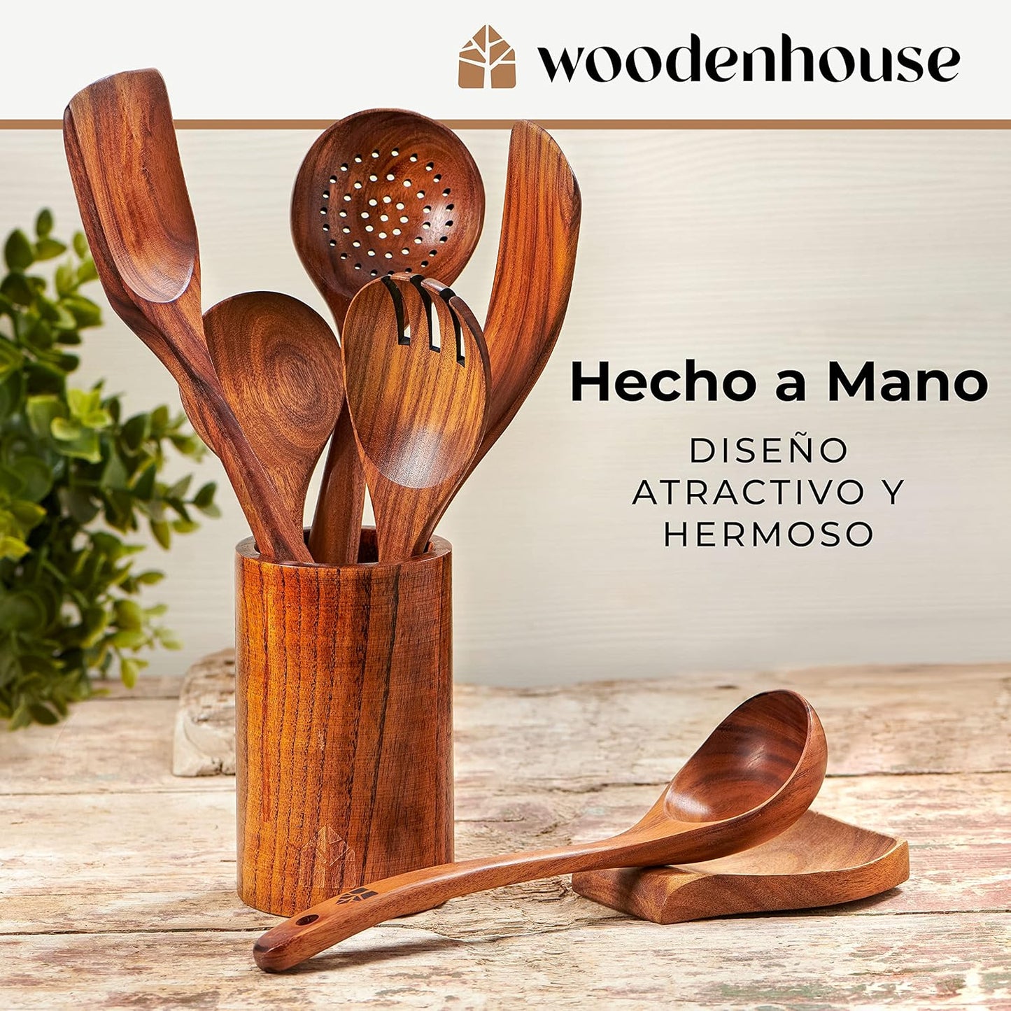 Utensilios de cocina de madera 8 piezas | Con soporte, reposa cucharas y ganchos